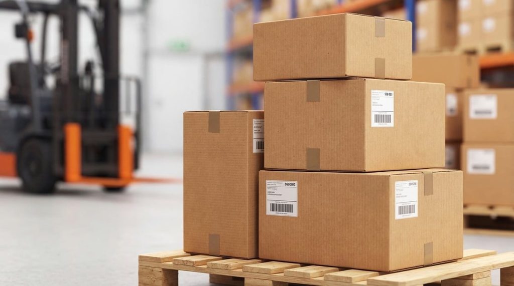 Des cartons empilés sur un palette en entrepôt avec une fourchette