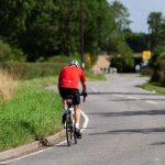 Cycliste sur route, casque, gants, arbres, buissons, panneau signalétique