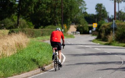 Cycliste sur route, casque, gants, arbres, buissons, panneau signalétique
